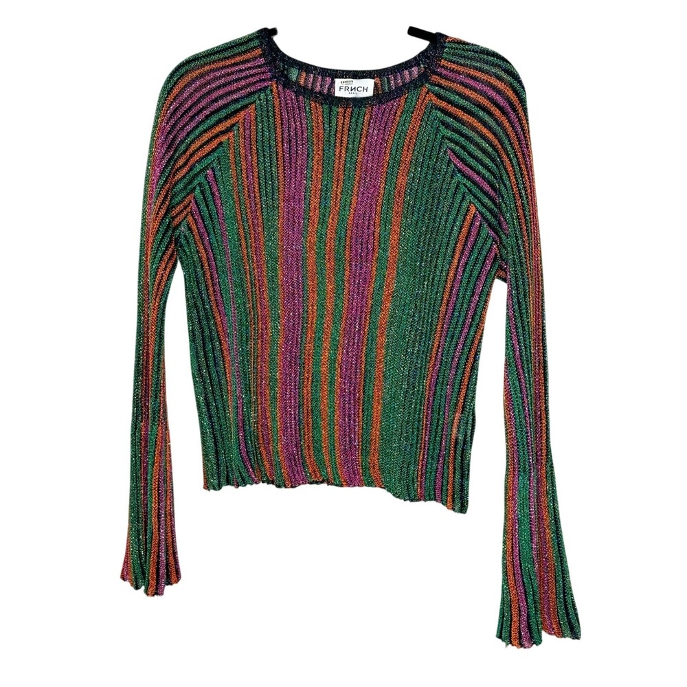 FRNCH PARIS Sheer Metallic Stripe Knit Bell Sleeve Sweater Top Women's‎ Size S